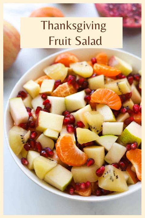 This is a refreshing and colorful fruit salad to add to your Thanksgiving day feast. Made with seasonal fresh fall fruit like mandarin oranges, pears and apples and tossed in a light citrus honey dressing, it’s the perfect side dish or dessert to clean your palate after a savory Thanksgiving meal. Learn how to make this healthy holiday fruit salad on www.apeachyplate.com Apple Fruit Salad Recipe, Fruit Salad Fall, Holiday Fruit Salad, Thanksgiving Brunch Recipes, Thanksgiving Fruit Salad, Citrus Fruit Salad, Mandarine Recipes, Thanksgiving Fruit, Mandarin Orange Salad