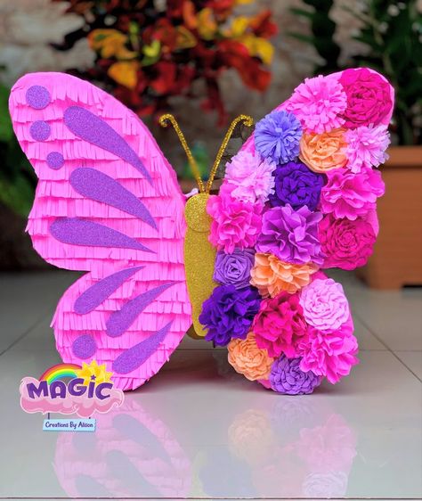 Flower Themed Party Table, Purple Butterfly Pinata, Butterfly Pinata 1st Birthdays, Diy Butterfly Pinata, Encanto Piñata Ideas, Isabella Party Ideas, Isabella Themed Birthday Party, Encanto Pinata Ideas, Encanto 1st Birthday Party