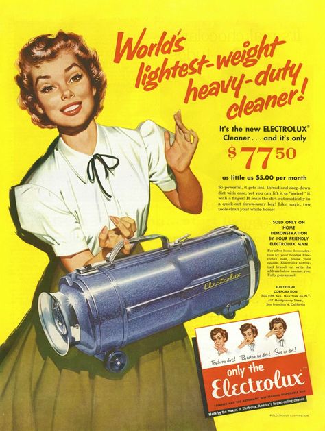 The advertisements of the 1950s tended to direct all products associated with domestic chores to women, creating a way for society to reinforce its gender normative behavior through advertisements. The only method of advertising known to the ancients was the word of mouth. 1950s Ads, 1950s Advertising, Electrolux Vacuum, Publicidad Creativa, Old Advertisements, Retro Advertising, Retro Ads, Old Ads, Magazine Ads