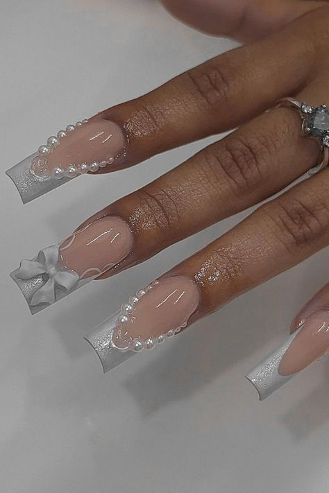 Sparkly Bow Nails, Md Nails, Nails For 15 Birthday, Gray French Nails, Grey French Tips, Grad Nails Acrylic, Bestie Nails Ideas, Gray Nails Acrylic, Halloween Acrylic Nails