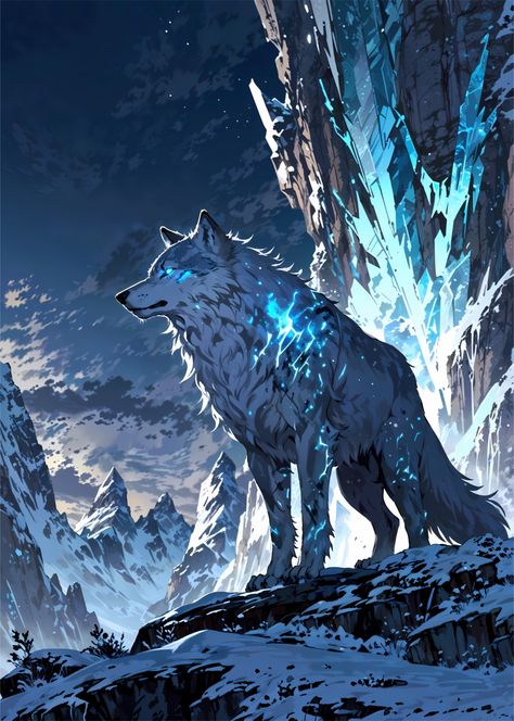 A majestic white wolf stands on a snowy mountain peak, its fur glowing with a faint blue light. The wolf's eyes are piercing blue, and its gaze is fixed on the horizon. The background features a dramatic mountain range, with snow-covered peaks and a dark blue sky. The image has a sense of power and mystery, with the wolf appearing as a guardian of the snowy wilderness. Dark Blue Sky, Wolf Eyes, Fantasy Posters, Snowy Mountain, Mountain Peak, Snowy Mountains, White Wolf, On The Horizon, Mountain Range