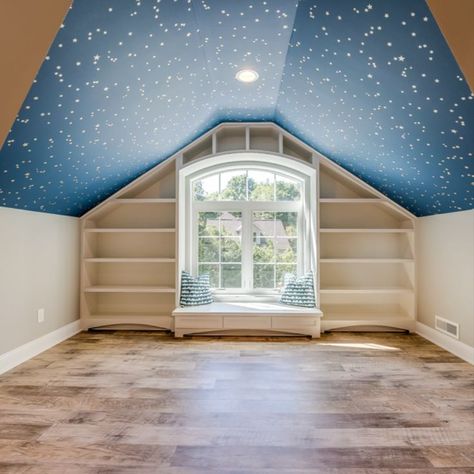 FINISHED BONUS ROOM | Check out how we finished this bonus room! We love the fun use of wallpaper to distinguish the spaces, like around the window seat feature. Who wouldn’t love to daydream in that little nook? . . . #renovation #addition #homeinspo #oterohomescle #supportlocal #luxuryhomes #remodelingdoneright #remodelingcontractor #bonusroom #bonusroomdecor #bonusroomideas #bonusroomgoals #windowseat #readingnook #readingnooks #readingnookgoals #readingnookideas Attic To Bonus Room, Blue Bonus Room, Cabin Bonus Room, Upstairs Den Bonus Rooms, Convert Attic Space Bonus Rooms, Rustic Retreat, Bonus Rooms, Room Goals, Bonus Room