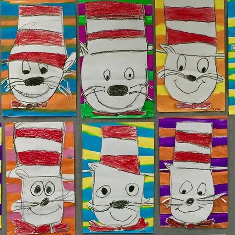 Kinder draw The Cat in the Hat for Dr. Seuss Day - Adaptations for 1st - 5th Dr Seuss Drawings, Dr Seuss Kindergarten, Dr. Seuss Crafts, Dr Seuss Preschool Activities, Dr Seuss Art, Dr Seuss Preschool, Dr Seuss Classroom, Dr Seuss Activities, Dr Seuss Crafts