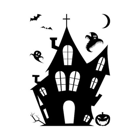 Haunted house with a pumpkin silhouette | Premium Vector #Freepik #vector #graveyard #cemetery #haunted-house #ghost-house Haunted House Silhouette, Pumpkin Silhouette, Halloween Silhouette, Tunnel Book, House Silhouette, Halloween Silhouettes, House Vector, A Pumpkin, Graveyard