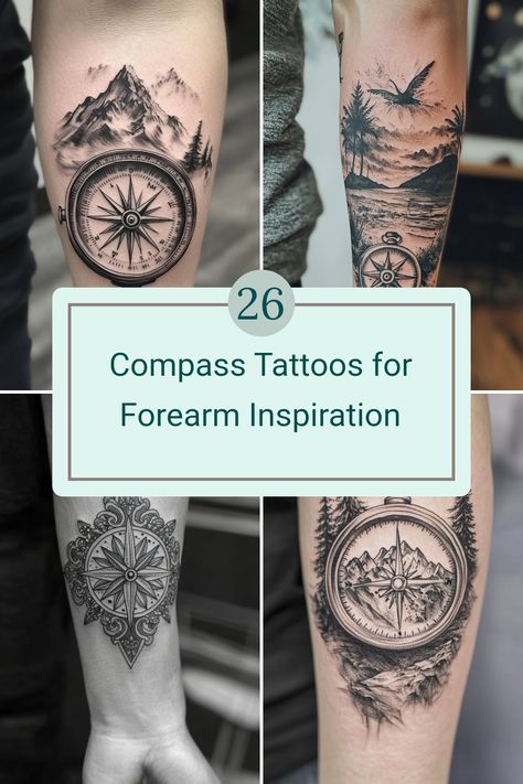 Explore 26 unique compass forearm tattoo ideas that enhance any tattoo collection. Compass tattoos symbolize direction and adventure, making them perfect for those who love to travel or seek guidance in life. Each tattoo idea showcases different designs that emphasize personal style, incorporating intricate details that will captivate everyone. Whether you prefer minimalist designs or elaborate art, these tattoo inspirations will ensure your forearm stands out. Discover your next favorite tattoo idea among these trendy and artistic pieces! Men’s Compass Tattoo, Compass Nature Tattoo, Clock Gears Tattoo, Mountain Compass Tattoo, Tattoo Compass Design, Adventure Tattoo Nature, Tattoos For Forearm, Compass Forearm Tattoo, Mandala Compass Tattoo