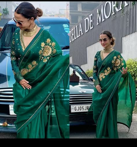 Rajput Saree Style, Tissue Saree Look, Saree Styles Modern Classy, Green Organza Saree, Soft Organza Saree, Organza Sari, Green Silk Saree, Green Sari, Saree Beautiful