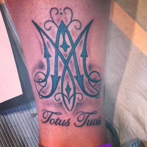 Marian Symbol Tattoo -- Totus Tuus Auspice Maria Tattoo, Marian Tattoos Catholic, Totus Tuus Tattoo, Marian Symbol, Maria Tattoo, Symbols Tattoos, Catholic Tattoos, Catholic Symbols, Bible Verse Tattoos