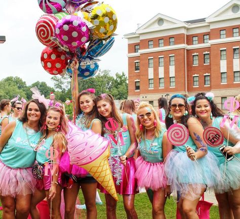 Home Sweet Home Sorority Bid Day, Candy Themed Outfit Sorority, Candy Theme Sorority, Candyland Theme Outfit, Phi Mu Bid Day Themes, Candyland Sorority Theme, Candy Land Outfit Ideas, Candy Land Theme Outfits, Candy Land Bid Day