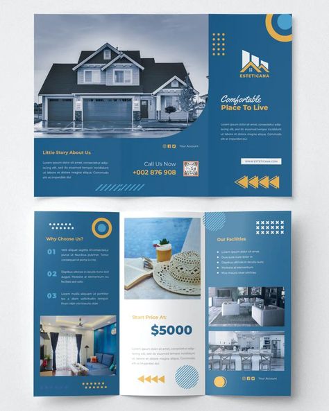 House Brochure Design, Real Estate Trifold Brochure, Apartment Brochure Design, Real Estate Flyer Design Creative, Real Estate Brochure Design Layout, Indesign Work, Construction Brochure, Real Estate Brochure Design, Tri Fold Brochure Design