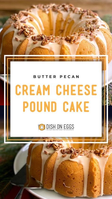 A delightful spin on the classic recipe, Butter Pecan Cream Cheese Pound Cake is as smooth as velvet and as sweet as can be.  #PoundCake #CreamCheese #ButterPecan #Cake #Iowa #EggRecipes #DishOnEggs #HolidayDesserts #HolidayRecipes #DessertRecipes Butternut Pound Cake Recipe, Cream Cheese Bundt Cake, Cheese Pound Cake, Cream Cheese Pound Cake, Bakery Ideas, Pecan Cake, Roasted Pecans, Pound Cakes, Cake Walk