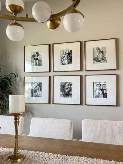 Gold Photo Gallery Wall, Gallery Wall Brass Frames, Brass Frames, Sarah Elizabeth, Photo Wall Gallery, My Gallery, White Mat, Decorating Small Spaces, Brass Frame