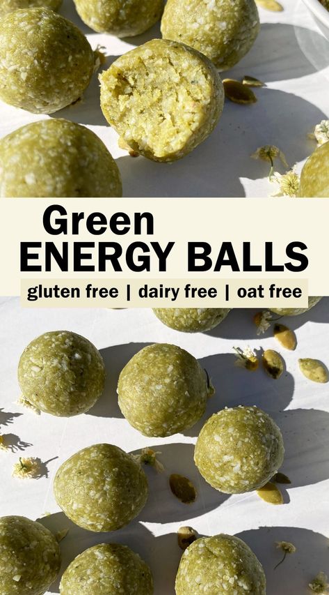 These green energy balls are made with just 6 simple ingredients, all paleo, gluten free and vegan friendly. These energy balls are lightly sweetened with maple syrup (no dates) and have a green color thanks to the pumpkin seed protein (made without matcha). They make a fun St. Patrick's Day treat! Energy Balls No Oats, Aip Snacks, Allergy Diet, Pumpkin Seeds Baked, Protein Balls Healthy, Healthy Protein Bars, Refined Sugar Free Recipes, Protein Balls Recipes, Gluten Free Protein