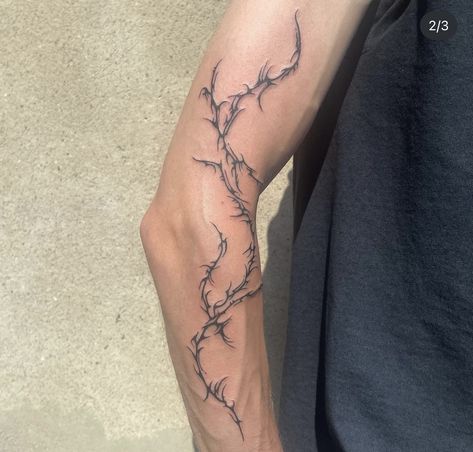 Linework Tattoo Sleeve Men, Cool Dragon Tattoos For Guys, Mens Arm Tattoos Bicep, Warp Around Arm Tattoo, Ethereal Tattoos Men, Wrap Tattoo Men, Men’s Bicep Tattoo Ideas, Cyberciligism Tattoo Arm, Lightning Tattoo Realistic