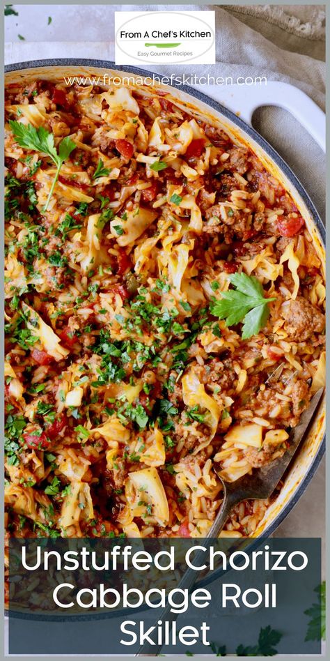 Unstuffed Chorizo Cabbage Roll Skillet in white enameled cast iron pan garnished with fresh parsley. Chorizo And Cabbage Recipes, Chorizo Recipes Dinner Casserole, Chorizo Cabbage Recipes, Chirozo Recipes, Recipes With Chorizo Sausage, Cabbage Roll Skillet, Chorizo Recipes Dinner, Salsa With Canned Tomatoes, 2023 Meals