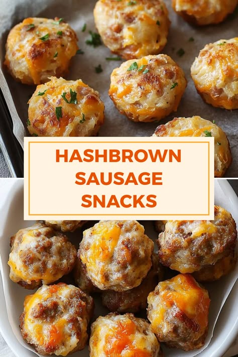 Discover our delicious Hashbrown Sausage Snacks made from crispy hash browns and savory sausage. This pin uses 2 images to showcase these easy and irresistible appetizers. Easy Snacks Breakfast, Pre Prepped Breakfast Ideas, Picky Eater Breakfast Ideas, Christmas Breakfast Snack Ideas, Breakfast Sausage Appetizer Recipes, Best Breakfast Appetizers, Best On The Go Breakfast, Sausage Balls Breakfast, Easy Breakfast Snacks For A Crowd