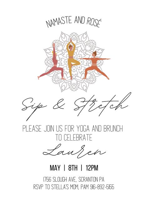 30th Birthday Ideas, Yoga Party, Namaste & Rose, Sip & Stretch Yoga Party Invitations, Yoga Party Decorations, Yoga Brunch Party, Yoga Brunch Ideas, Yoga Themed Party, Pilates Bachelorette, Yoga Event Ideas, Yoga Party Ideas, Yoga Bachelorette Party