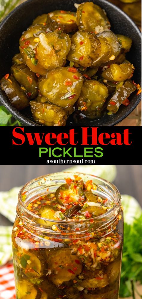 Sweet heat pickles made from kosher pickles, red pepper flakes, garlic, herbs, and sugar are a delicious crazy twist on traditional pickles. They are a fabulous balance of sweet and spicy flavors, perfect for layering on burgers, and sandwiches, served on charcuterie boards, or just eating right out of the jar! Diy Spicy Pickles, Sweet Heat Pickles, Sweet Hot Pickles, Pickles Homemade Easy, Spicy Pickle Recipes, Pickles Canning, Kosher Pickles, Easy Pickling Recipes, Pickled Vegetables Recipe