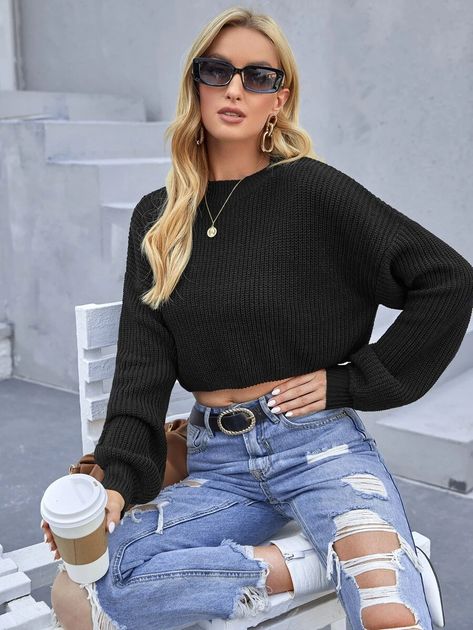 SHEIN Drop Shoulder Ribbed Knit Sweater | SHEIN USA Pullover Crop Top, Black Sweater Outfit, Batwing Sleeve Sweater, Crop Top Casual, Sweater Crop, Women Sweaters, Drop Shoulder Sweaters, Ribbed Turtleneck, Crop Top Sweater