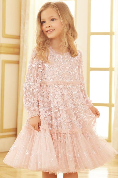 Alina Sequin Kids Dress – Pink | Needle & Thread 1940s Artwork, Sequin Kids Dress, Long Sleeve Kids Dress, Glitter Dress Short, Brown Packaging, Frocks For Kids, Cocktail Dress Classy, Pink Dress Short, Dress Design Drawing