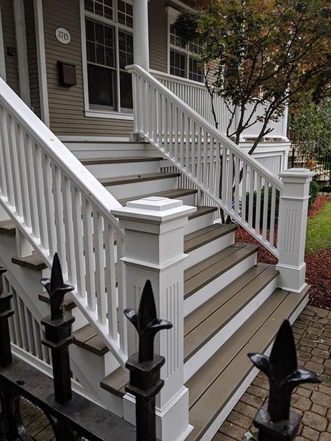 Craftsman Front Porch Steps, Tall Front Porch Steps, Porch Hand Rail Ideas, Outside Stair Railing Ideas, Front Porch Steps Ideas, Front Porch Steps Ideas Entrance, Back Porch Steps, Porch Step Railing, Craftsman Front Porch