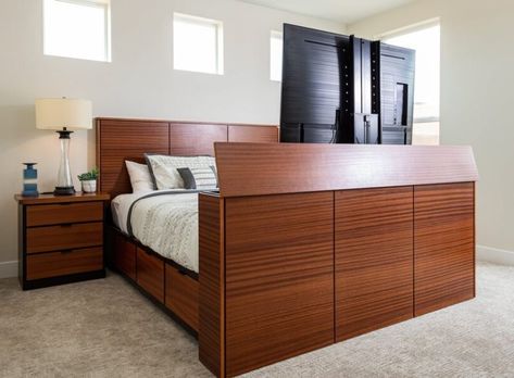 Built In Bed Frame, Bed With Tv, Upholstered Platform Bed King, Hide Your Tv, Built In Tv, Matching Bedroom Set, All Wood Furniture, Custom Beds, Handcrafted Bed