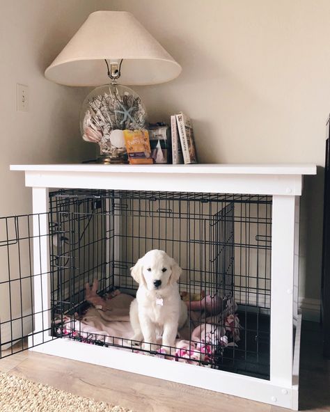 This DIY Dog Crate Furniture Piece Will Transform Your Living Room Dog Crate Table, Diy Dog Crate, Dog Crate Cover, Kennel Cover, Diy Dog Kennel, Crate Table, Dog Kennels, Dog House Diy, Dog Crate Furniture