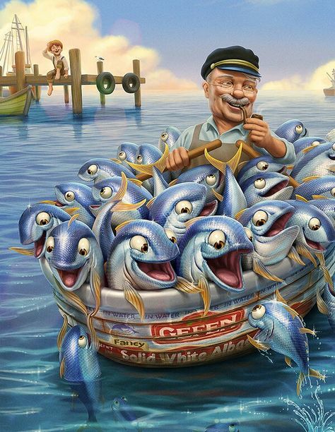 Exaggerated Art, 3d Karakter, Funny Artwork, Old Fisherman, Character Design Animation, Fish Art, Illustration Character Design, Freelance Illustrator, Funny Art