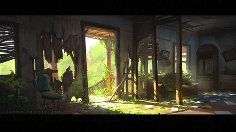 Abandoned interior sketch , Jeremy Fenske on ArtStation at https://www.artstation.com/artwork/805nO Abandoned Drawing, Abandoned Interior, Interior Concept Art, Environment Painting, Apocalypse Art, Concept Art Tutorial, Rock Textures, Abandoned House, Landscape Concept