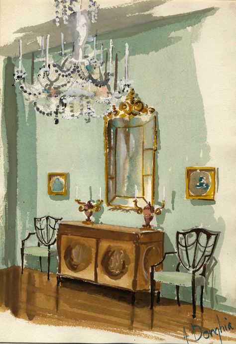 Painting Of Interior, Paintings Of Interiors Art, Impressionism Digital Art, Interior Watercolor Painting, Angelo Donghia, Watercolor Bedroom, Croquis Architecture, Chair Illustration, Interior Design Renderings