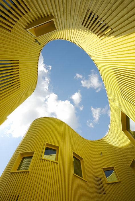 Nursery School Stockholm Sweden Kindergarten Architecture, Form Architecture, Architecture Cool, Contemporary Nursery, Kindergarten Design, Modern Architecture Building, Nursery School, Yellow Walls, Zaha Hadid