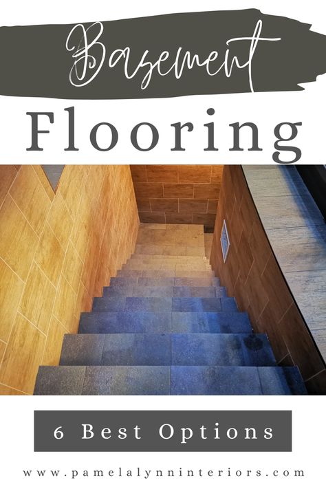 6 of the Top Designer Approved Options for your Basement Flooring. See the pros and cons of six different flooring options Designer Basement, Cheap Flooring Options, Tile Basement Floor, Room Ideas Basement, Basements Ideas, Basement Flooring Waterproof, Basement Bathrooms, Basement Family Rooms, Best Flooring For Basement