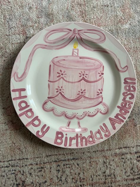 Pink Scalloped Cake Happy Birthday Plate. All our collectible plates are hand painted to order. This design can be customized with a name. Perfect for birthday parties or treats on a child's special day. Bonnets and Bows themed birthday plate