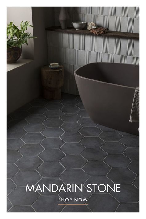 The vintage appeal of our Casablance Black Base Hexagon Tile suits any interior style and gives smoky appearance. Tile pictured: Casablanca Black Base Hexagon Porcelain Black Hexagon Tiles Bathroom, Black Hexagonal Tiles Bathroom, Black Hexagon Bathroom Tile, Modern Farmhouse Master Bath Tile, Black Honeycomb Tile Bathroom, Black Hexagon Floor Tile Bathroom, Black Honeycomb Tile, Black Tile Hexagon, Black Tile Floor Bathroom