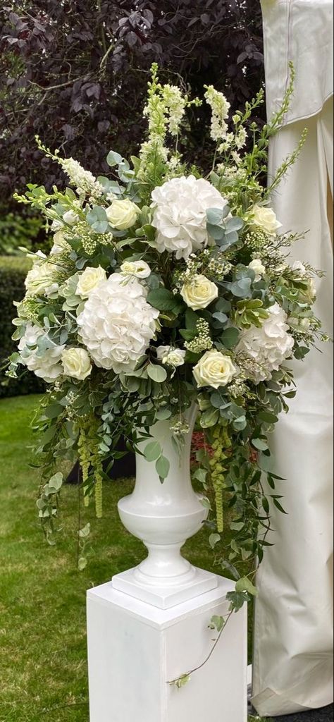 Cream And White Flower Arrangement, Foliage For Flower Arranging, Large Pedestal Flower Arrangements, Ivy Floral Arrangements, Large Urn Floral Arrangements, Large White Flower Arrangements, Floral Arrangements With Hydrangeas, Large Wedding Arrangements, Large Floral Arrangements Wedding