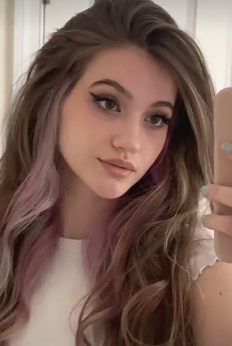 Light Brown Hair With Color Underneath, Purple Light Brown Hair, Lavender Hair Dye Underneath, Brunette And Lavender Hair, Purple Hair Trends, Purple Hair Underneath Light Brown, Brown Hair With Lavender, Light Brown Purple Hair, Light Brown Hair Purple Highlights