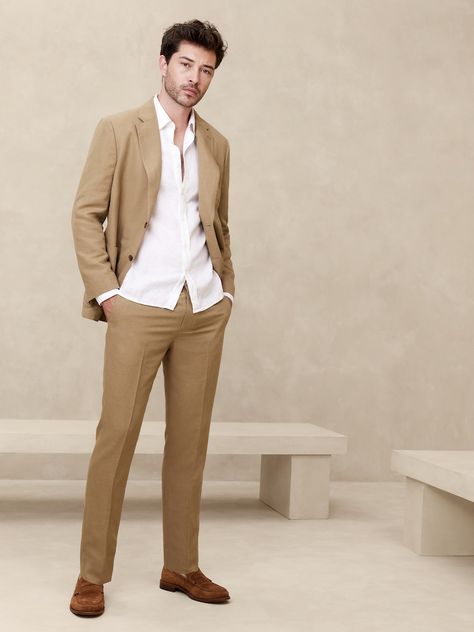 Summer Cocktail Attire, Business Casual Outfits For Men, Cocktail Party Attire, Camel Pants, Beach Formal, Business Jacket, Mens Attire, Guest Attire, Suit Pant