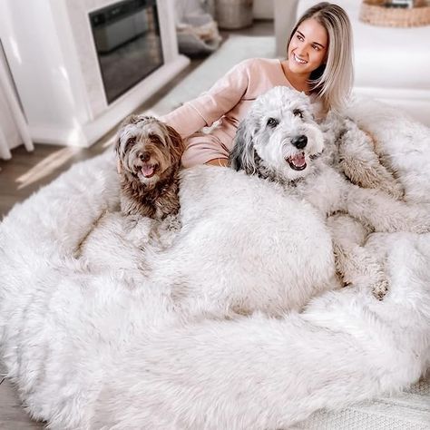 PAW BRANDS PupCloud Human-Size Faux Fur Memory Foam Dog Bed - White with Brown Accents Giant Dog Beds, Men's Bedding, Human Dog Bed, Plush Dog Bed, Faux Cowhide, Covered Dog Bed, Memory Foam Dog Bed, Cat Blanket, Faux Fur Blanket