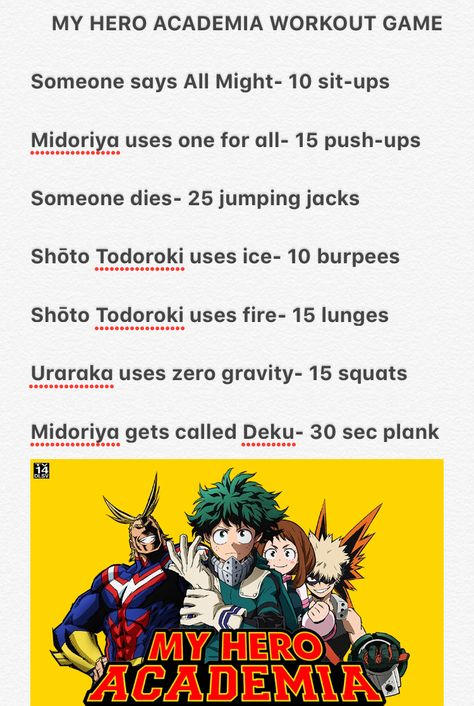 Become Deku Mha Workout Exercises, Deku Working Out, Deku Workout Routine, Anime Workout Exercises, Anime Work Out, Inosuke Workout, My Hero Academia Workout, Bakugou Workout, Deku Workout