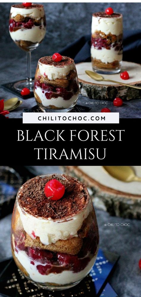 Tiramisu Parfait Recipe, Dark Chocolate Tiramisu, Cherry Mascarpone Desserts, Cherry Tiramisu Recipe, Black Forest Recipes Desserts, Autumn Tiramisu, Black Forest Recipe, Mascarpone Recipes Dessert, Tiramisu Flavors