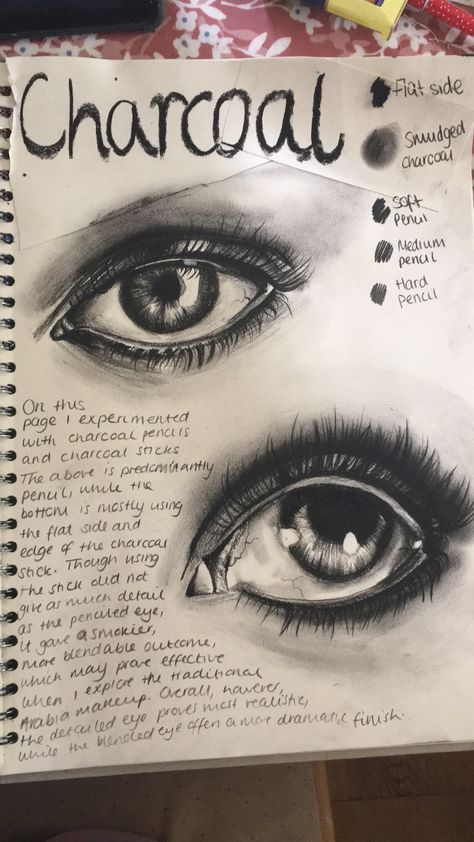 Charcoal study of “eye of the beholder”. The reason why I’ve stuck paper at the top is because I screwed up the eyebrow lol Eye Studies, Gcse Art Sketchbook Biro, Art Gcse Portfolio, Gcse Art Study Page, Eye Study Drawing, Art Sketchbook Eyes, Light And Dark Gcse Art Sketchbook, Art Sourcebook Ideas, Dark Gcse Art Page