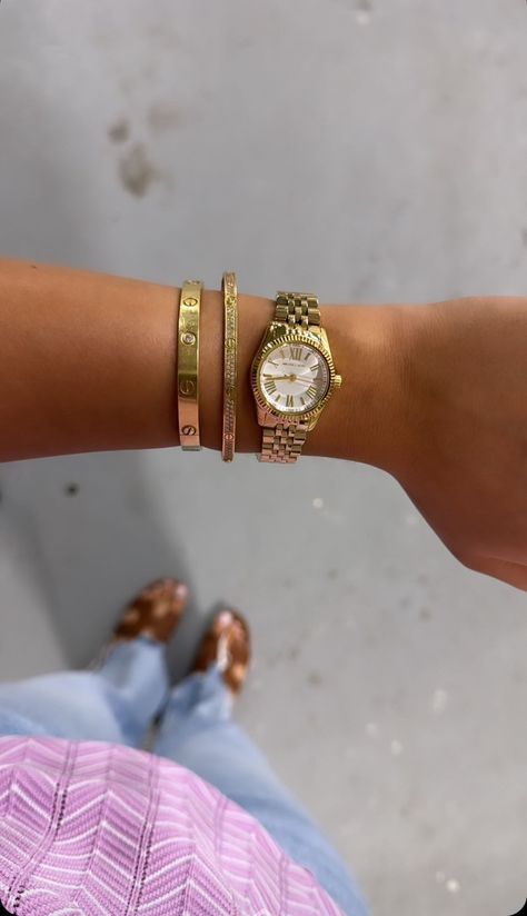 Wrist Jewelry Stack, Designer Jewelry Stack, Gold Watch Bracelet Stack, Gold Wrist Stack, Gold Bracelet Stack With Watch, Gold Stack Bracelets, Every Day Jewelry, Gold Jewellery Stack, Gold Bracelet Stack Classy