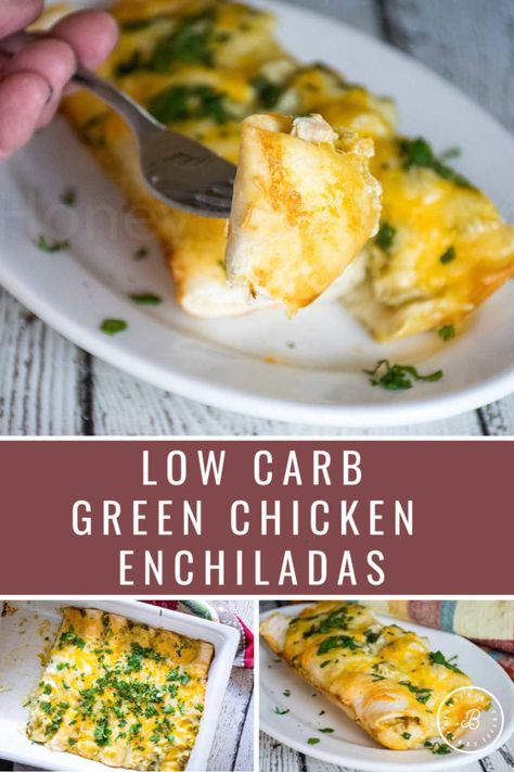 A delicious low carb recipe for Green Chicken Enchiladas made with shredded chicken, cheese, green enchilada sauce and low carb tortillas. Get this casserole recipe and more at Grumpy's Honeybunch website. Chicken Enchiladas Green Sauce, Green Chicken Enchilada Casserole, Creamy Green Sauce, Green Chili Chicken Enchiladas, Green Enchiladas, Low Carb Enchiladas, Green Chicken Enchiladas, Keto Recipes Low Carb, Pulled Pork Tacos