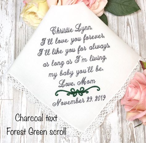 Daughter On Her Wedding Day, Sentimental Wedding Gifts, Wedding Hankerchief, Bridal Handkerchief, Personalized Handkerchiefs, Sentimental Wedding, Ladies Handkerchiefs, Embroidered Handkerchief, Wedding Gifts For Groom