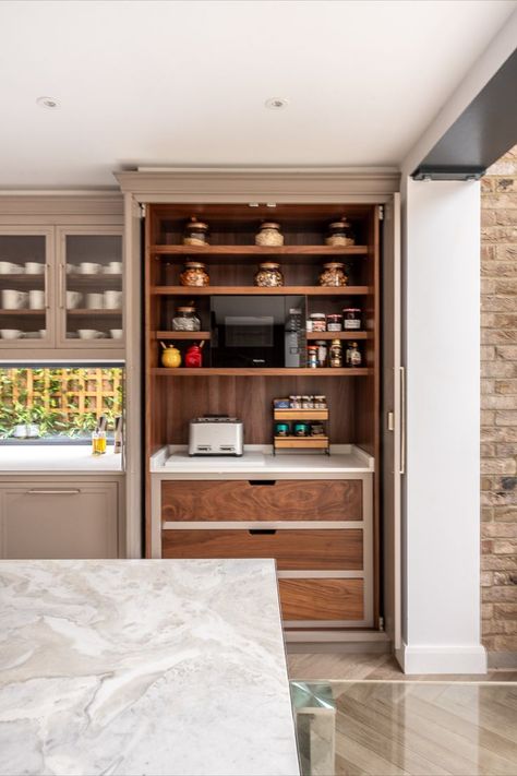 breakfast bar with bespoke pocket doors by Herringbone Kitchens, enfield London Pocket Door Larder, Kitchen Cabinet Pocket Doors, Pocket Door Pantry Kitchen, Breakfast Larder, Pantry Pocket Door, Pantry With Pocket Door, Pocket Door Pantry, Diy Pocket Door, Pantry Larder