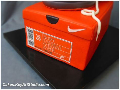 Nike Sneaker / Running Shoe on the Box Cake - Box Lable Close-Up | by Cakes.KeyArtStudio.com Chocolate Cream Cheese Buttercream, Nike Cake, Shoe Box Cake, Yellow Butter Cake, White Chocolate Cream, Cake With White Chocolate, Baking Quotes, Shoe Cake, Cream Cheese Buttercream