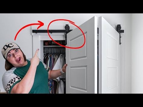 (1153) Did you know Barn Doors can SWIVEL 🤯 with Bifold Barn Door Hardware? - YouTube Bifold Barn Doors Bathroom, Bifold Barn Doors Closet, Bifold Barn Doors Diy, Bifold Doors Makeover, Diy Closet Doors, Bedroom Revamp, Barn Door Installation, Closet Door Makeover, Bifold Door