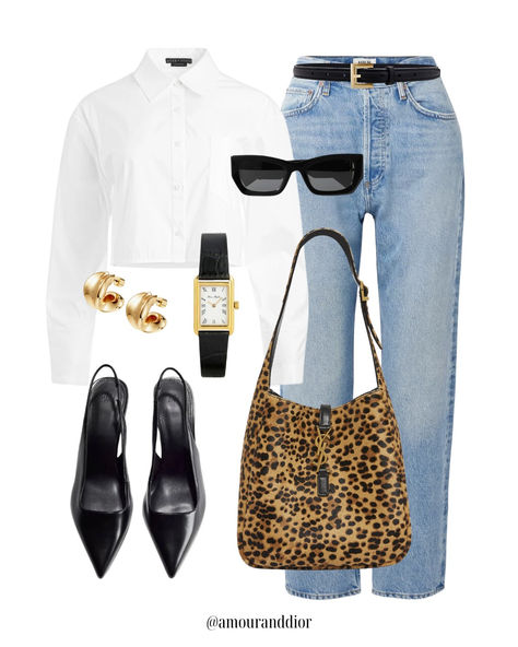 Leopard print, Fall outfit, jeans, denim outfit, leopard print bag, YSL, black pumps, white cropped button up Leopard Print Bag Outfit, Leopard Bag Outfit, Fall Outfit Jeans, Denim Pumps, Dior Style, Bag Ysl, Leopard Print Bag, Leopard Bag, Sophisticated Outfits