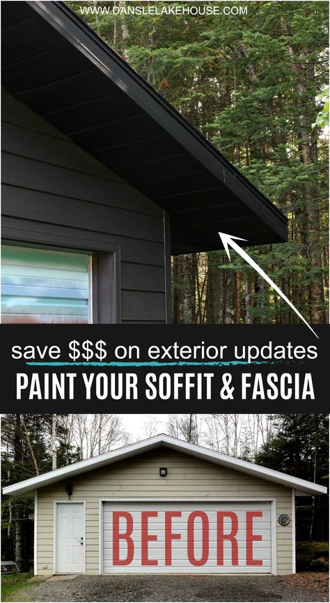 Looking for Ideas for Budget Exterior Updates and a Budget Exterior Makeover? Check Out My Inexpensive Garage Makeover and Click Through to Learn How Paint Your Soffit & Fascia! Paint Soffit Exterior to Update a House on a Small Budget! I've Got So Many More Ideas for a Budget Exterior Renovation and Budget Friendly Exterior Makeover. Lots of DIY Exterior Home Makeover Ideas! #homeexterior #exteriormakeover #soffit Soffit Exterior, Diy Siding, Painting Gutters, Soffit And Fascia, Soffit Ideas, Vinyl Soffit, Exterior Home Makeover, Exterior Updates, Diy Exterior