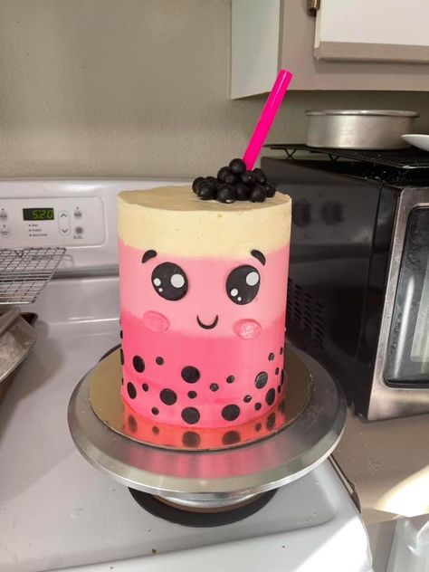 Birthday Cakes For 11 Year Girl, Boba Tea Cake Ideas, Bubble Tea Cake Design, Boba Birthday Cake, Bubble Tea Cake, Boba Cake, 9th Birthday Cake, Skull Cake, Cartoon Cake