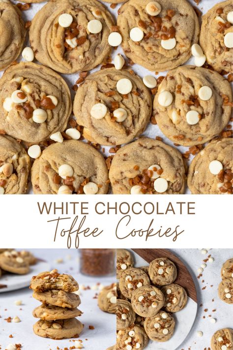 White Chocolate Toffee Cookies, Toffee Nut Cookies, Chocolate Toffee Cookies, White Chocolate Toffee, Toffee Cookie Recipe, Soft Toffee, Finger Food Desserts, Gourmet Cookie, Salted Toffee